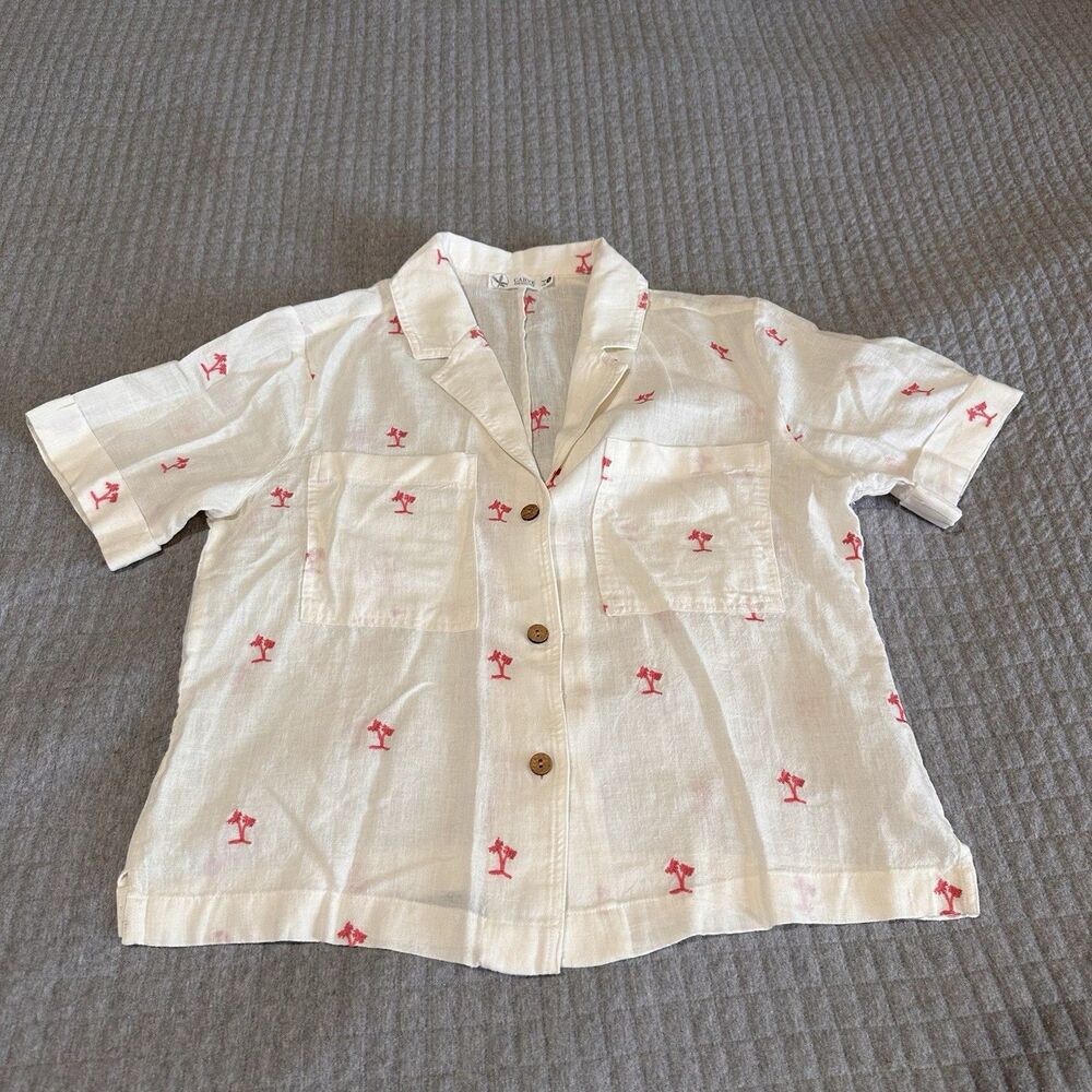 Carve Designs Cropped Linen Embroidered Pink Palm Tree Button-Up Shirt Womens S